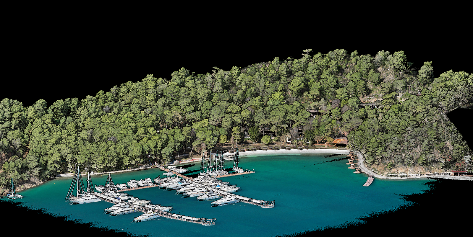 CSWORKS tarafından üretilen marina alanına ait dijital ikiz, nokta bulutu ve 3D model görselleştirmesi